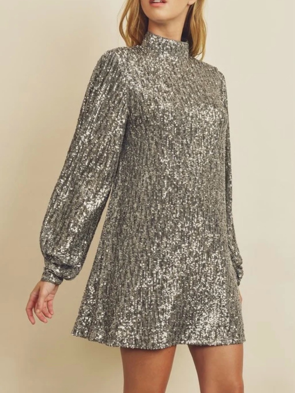 Dress Forum Silver Sequin Mock Neck Mini Long Sleeve Dress Size S